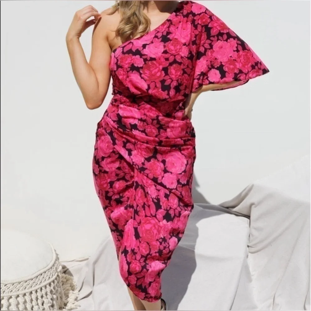 EUC Talulah Floral One Shoulder Roses Midi Dress Size Medium